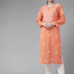ADA Women Orange & White Ethnic Motifs Embroidered Chikankari Kurta-image-60