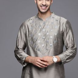 Indo Era Men Charcoal Grey Yoke Design Mirror Work Kurta-image-85