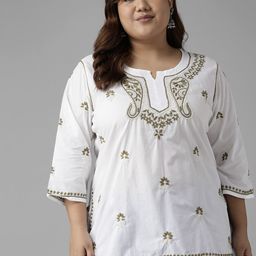 ADA White & Olive Green Ethnic Motifs Embroidered Plus Size Chikankari Kurti-image-80