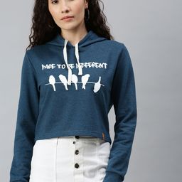 Campus Sutra Women Navy Blue Printed Hooded Cropped Sweatshirt-image-79