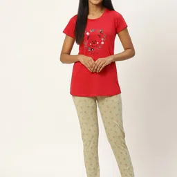 BROOWL Women Red & Taupe Printed Pure Cotton Night suit-image-31