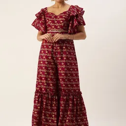 Ethnovog Printed Sweetheart Neck Culotte Jumpsuit With Ruffles-picture-4