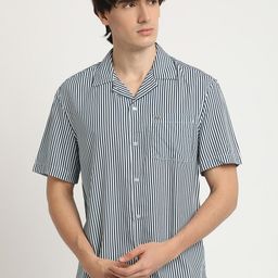 THE BEAR HOUSE Slim Fit Striped Cuban Collar Casual Shirt-image-20