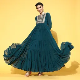 Inddus Teal Green Ethnic Yoke Embroidered Georgette Maxi Dress-image-59