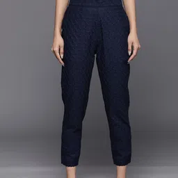 Libas Women Navy Blue Floral Embroidered Slim Fit Trousers-image-20