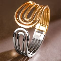 Rubans 18K Gold & Rhodium Plated Dual Tone Sculptural Bold Statement Open Cuff Bracelet image 4