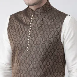 DEYANN Men White & Black Solid Kurta with Pyjamas & Nehru Jacket image 5