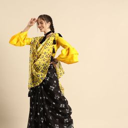 Sangria Black & Yellow Pure Linen Printed Bandhani Saree-picture-44