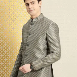 House of Pataudi Jashn Mandarin Collar Textured With Embellishment Bandhgala Blazer-image-14