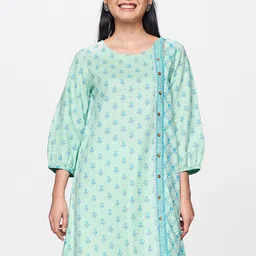 Global Desi Turquoise Blue Printed Tunic with Button Detailing image 3