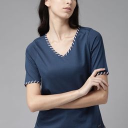 The Roadster Lifestyle Co Women Navy Blue Pure Cotton Solid V-Neck T-shirt-picture-49