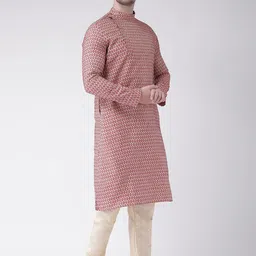 LAMAAYA Men Red & Cream-Coloured Woven Design Kurta with Churidar image 2