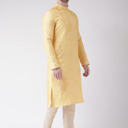 LAMAAYA Men Yellow & Cream-Coloured Woven Design Kurta with Churidar image 2