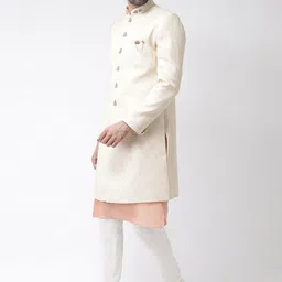 KISAH Men Cream Coloured & Peach Coloured Ethnic Motif Sherwani Set image 4