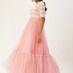 Ethnovog Off-White Peach-Coloured Net Made to Measure Flounce Hem Gown image 3