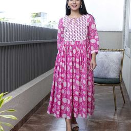 Mulmul Floral Printed Tie Up Neck Cotton Fit and Flare Midi Ethnic Dress-picture-18