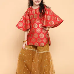 ADIVA Girls Red & Beige Printed Kurta with Sharara & Dupatta-image-65