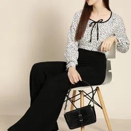 her by invictus Women Off White & Black Printed Tie-Up Neck Top-12