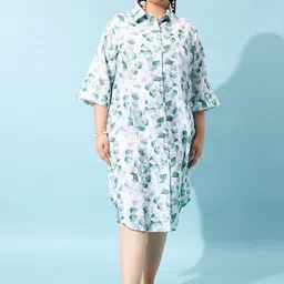 Athena Ample Plus Size Floral Printed Shirt Collar Linen Shirt Style Midi Dress-image-3