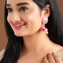 Rubans Magenta & Gold-Toned Hand Painted Floral Jhumkas-image-2