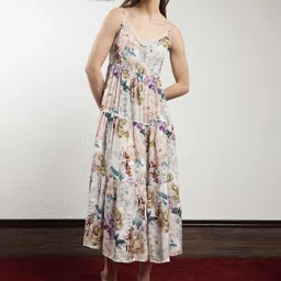 RAREISM Floral Printed Tiered Fit & Flare Midi Dress-image-63