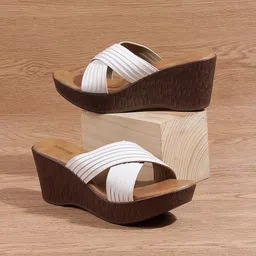Mochi White Textured Wedge Sandals-49