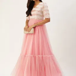 Ethnovog Off-White Peach-Coloured Net Made to Measure Flounce Hem Gown image 5