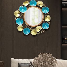 Aapno Rajasthan Gold-Toned & Blue Patterned Wall Mirror-18