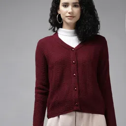 Cayman Women Maroon Chevron Knitted Wool Cardigan-90