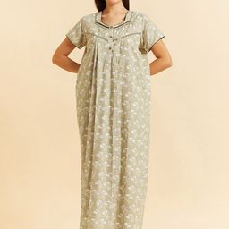 Sweet Dreams Khaki Floral Printed Pure Cotton Nightdress-image-89