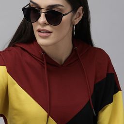 Van Heusen Women Maroon Colourblocked Hooded Pure Cotton Sweatshirt-image-49