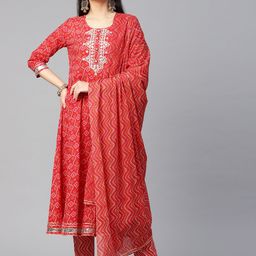 Silai Bunai Women Red Printed Regular Pure Cotton Kurta with Trousers & With Dupatta-image-55