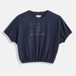 Tommy Hilfiger Girls Foil Brand Logo Print Extended Sleeves Indigo Knitted Blouson Top-image-47