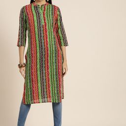 Sangria Women Green & Red Bandhani Screen Print Pure Cotton Straight Kurta-picture-58