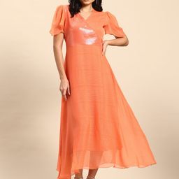 Qurvii Flared Sleeves Georgette Midi Wrap Dress With Sequinned Detail-picture-1