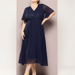 Qurvii+ Plus Size Embellished Flared Sleeve Georgette Fit & Flare Midi Dress-0