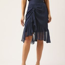 Antheaa Women Navy Blue Dobby Weave Frilled Pencil Skirt-picture-47