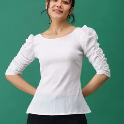 AASK Puff Sleeve Boat Neck Crepe Top-image-13