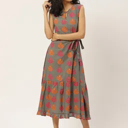 Maaesa Grey & Orange Ethnic Motifs Printed Tiered A-Line Dress-40