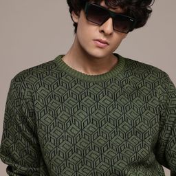 The Roadster Lifestyle Co. Geometric Print Pure Acrylic Longline Pullover-image-31