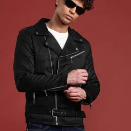 Leather Retail Suede Biker Jacket With Belted Detail-image-91
