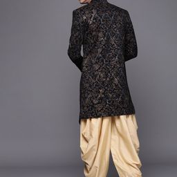 Manyavar Men Navy Blue & Cream- Coloured Self Design Sherwani Set With Dupatta image 4