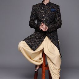 Manyavar Men Navy Blue & Cream- Coloured Self Design Sherwani Set With Dupatta image 3