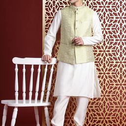 MANQ Solid Kurta & Churidar With Woven Design Nehru Jacket image 5