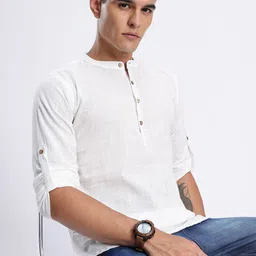 Anouk Rustic Band Collar Woven Design Roll-Up Sleeves Kurta-image-74