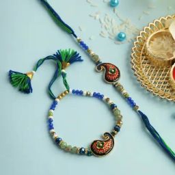 Aapno Rajasthan Blue Green Mango Designed Bhaiya Bhabhi Rakhi-image-72