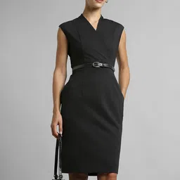 Van Heusen Woman Solid Knee-Length Cotton Formal Sheath Dress-image-73