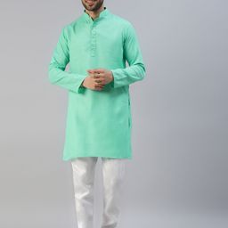 MENGARY Men Green & White Solid Cotton Straight Kurta with Pyjamas-picture-9