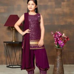 Aarika Kids Purple Embellished Kurta, Salwar, Dupatta with Unstitched Sleeves-image-16
