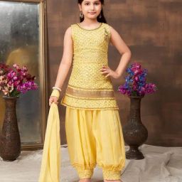 Aarika Kids Yellow Embellished Kurta, Salwar, Dupatta with Unstitched Sleeves-image-46